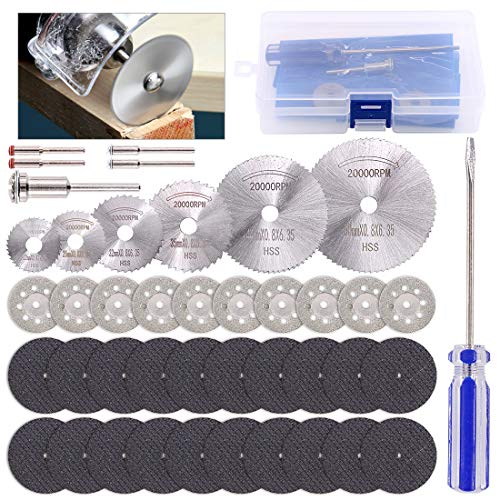 Swpeet 40pcs Kit rotativo de roda de diamante, 10pcs 1/8 Haste 22mm Roda de corte de diamante e 6pcs mini lâminas de serra HSS