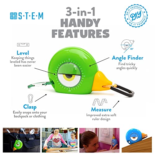 Handy Famm Kids 8 ft Fita de medição de pássaros retráteis - nível, localizador de ângulo, trava fácil de aderência