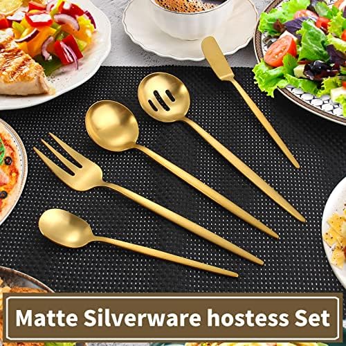 Vanvro Matte Gold Serving Salhteware Conjunto, utensílios compartilhados redondos de 5 peças Conjunto de aço inoxidável, talheres de hostes Conjunto