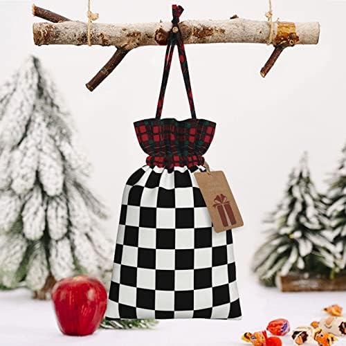 Bolsas de presente de estopa de Natal com cordões, xadrez preto e branco - pequenas sacolas de doces de tratamento de Natal para festas