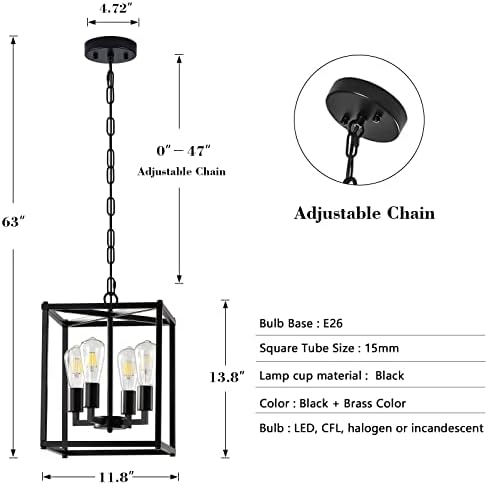 Febeleven Lantern Pingente Light, lustre preto de 4 luzes, luminária de teto modernizado para o canto da sala de jantar da ilha de