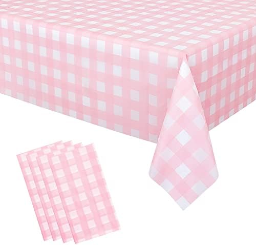 4 PCs Tocada de mesa de guingão rosa 54 × 108 polegadas de mesa quadriculada rosa e branco Tabela de tabela descartável plástico à prova d'água para piquenique ao ar livre, festa de aniversário, jantar de férias
