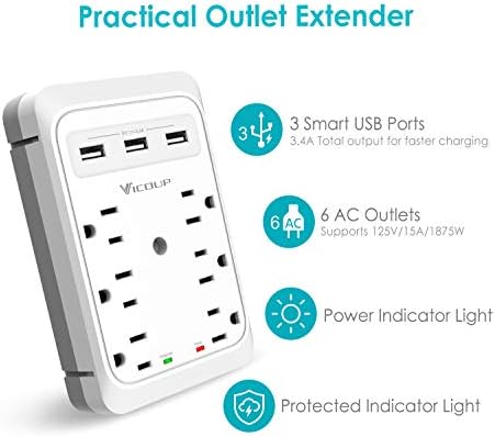 Prateleira de tomada de soquete, vicoup 9 port multi plug wall Outlet Protector 1080J com 3 portas USB e prateleira super conveniente para colocação de telefones celulares - VI168