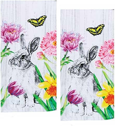 Spring Decor Bunny Páscoa Toalhas de cozinha Tulipas Daffodils Conjunto de 2 toalhas de algodão macio Decorações de Páscoa para a casa