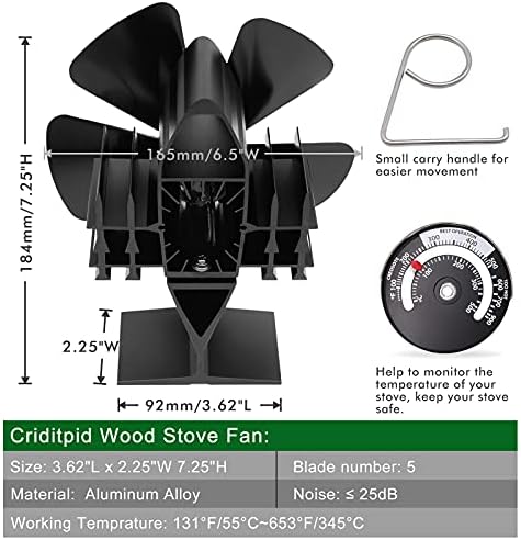 Ventilador de fogão alimentado por calor de criditpid com termômetro magnético, ventilador de ventilador de 5 lâminas para madeira/lareira