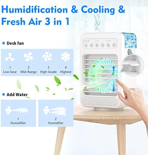 Ventilador de névoa evaporativo com timer, ventilador de ar condicionado portátil USB, 4 velocidades 7 cores, 4 em 1 fã de resfriamento