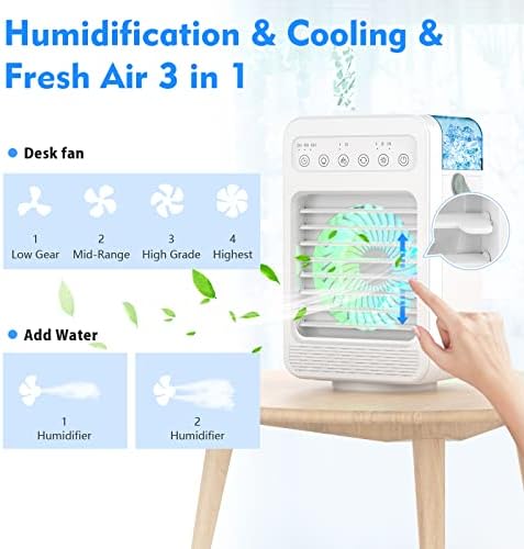 Ventilador de névoa evaporativo com timer, ventilador de ar condicionado portátil USB, 4 velocidades 7 cores, 4 em 1 fã de resfriamento de desktop do refrigerador de ar pessoal USB, cabeça ajustável 90 ° Rotatable para o escritório da sala de casa