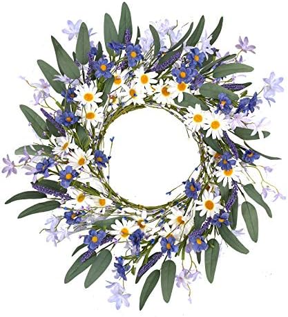 Coroa de flores artificial, 20 ”Violet Daisy Wreath Wreath Blue Flor White Flort Wrinal