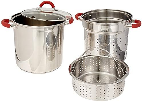 Excelsteel 8 qt Multifuncional aço inoxidável panela de aço com base encapsulada, tampa de vidro ventoso e alças cobertas de silicone rebitadas