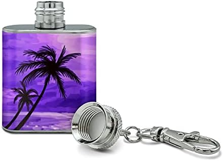 Palma de praia do sol roxo Hawaii Paradise Aço inoxidável 1oz Mini -Flask Chain Chain Key
