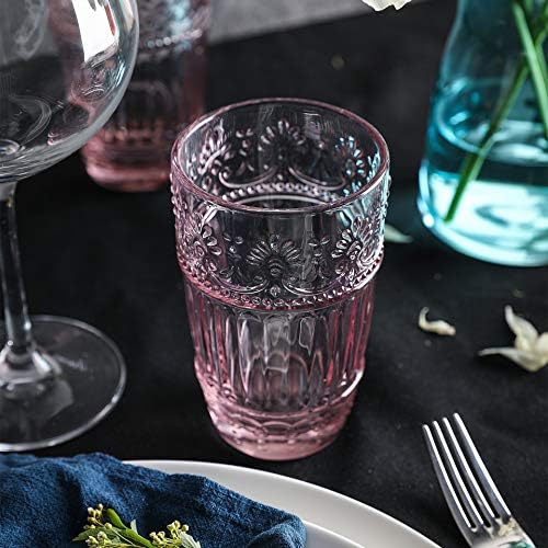 Ushy Housewares | Cálice de vidro colorido | Conjunto de 6 copos de bebida | 11,5 oz conjunto de 6 e copos de vidro | Conjunto de 6 copos de bebida | 11 onças de design em relevo