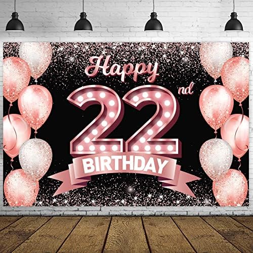 Feliz 22º aniversário do Banner Rose Gold Banner Cheers Cheers a 22 anos de idade Decorações de decoração de tema de confetes de 22