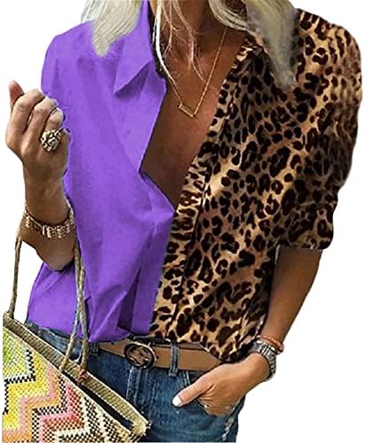 Andongnywell Womens Leopard v pescoço de leopardo blusa de manga comprida camisas de chiffon casual tops soltos