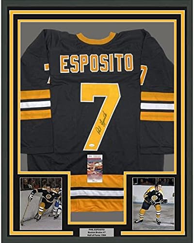 Emoldurado/assinado Phil Esposito 33x42 Boston Black Hockey Jersey JSA COA