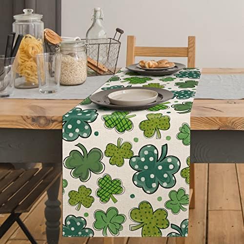 Anydesign St. Patrick's Day Table Runner 13 x 72 polegadas Retângulo Lucky Green Shamrock Table Tampa de cozinha sazonal de cozinha
