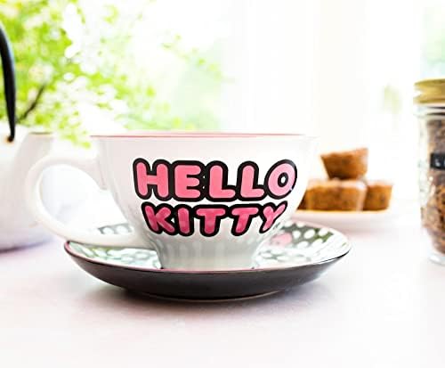 Sanrio Hello Kitty de 12 onças de chá de cerâmica e pires | Presente de chá para café para café, café expresso