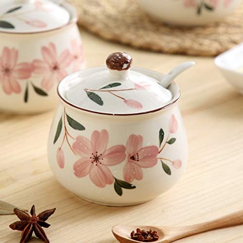 Japonês de cerâmica pintada à mão Flor Sugar Bowl Tempering Jar com colher de tampa