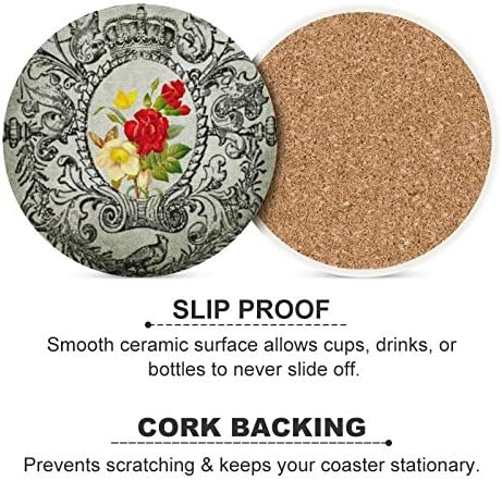 Coasters de cerâmica absorventes para bebidas 4 de diâmetro para casa com Cork Back Crown Vintage Style Pattern Coasters Protecção contra anéis de bebidas, pacote de 4