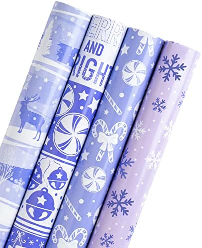 Rolo de papel de embrulho de Natal WrapAholic - flocos de neve roxos, bastões de doces, coleção de férias de rena - 4 rolos - 30