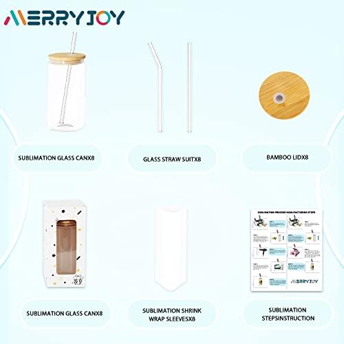 Merryjoy 8 pacote sublimação em espaços em branco de vidro com tampa de bambu, xícaras de vidro transparentes de 16 oz com