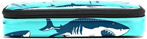 Saco de caneta para lápis de couro com estampa de tubarão com bolsa de armazenamento de papelaria dupla com zíper para