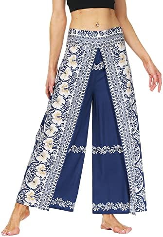 Boho feminino Impresso Palazzo Lateral dividido Wide perna O treino de ioga de ioga Flare Yoga Pants Long