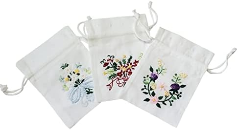 Bolsa floral de cordão de algodão branco para presentes ou jóias, conjunto de 3 sacolas bordadas à mão