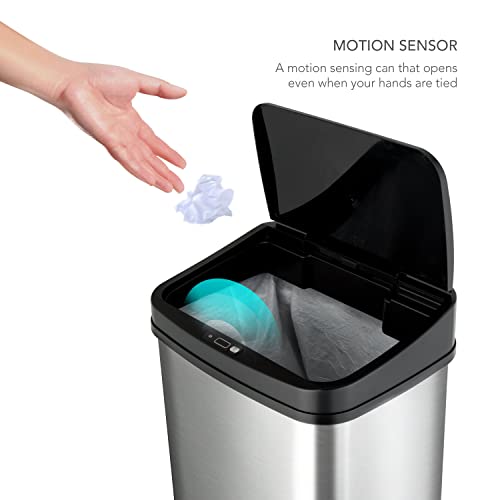 Nandira 13,2 lixo de lixo, lata de cozinha sem toque, aço inoxidável com tampa preta, apresenta uma tampa do sensor de movimento, adequada