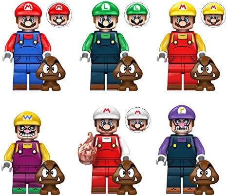 Yayafofco 6pcs Anime Mario Bros Mini Ação Figura Luigi Wario com blocos de construção de desenhos animados Goomba Definir