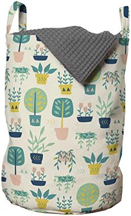 Bolsa de lavanderia botânica lunarável, design do design vintage de doodle de plantas e flores em vasos, cesta de cesto