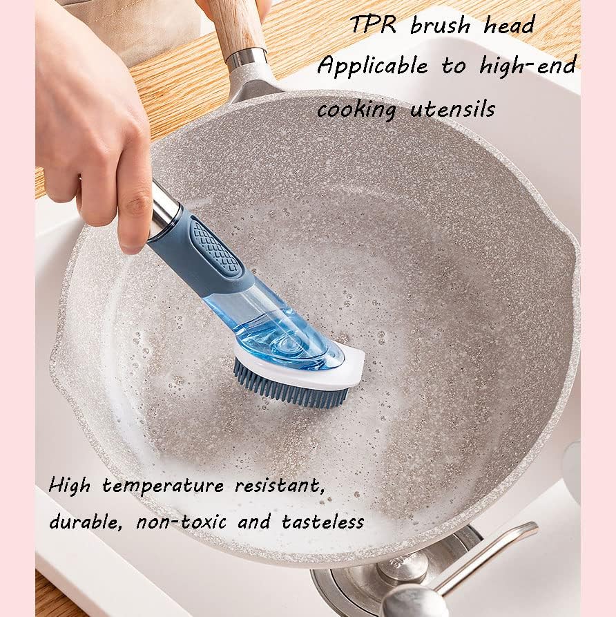 Escovas de esponja de limpeza multifuncional de quatro peças, escova de lavar louça com dispensador de sabão, escova de limpeza de cozinha com alça de aço inoxidável, escova de limpeza para utensílios de cozinha