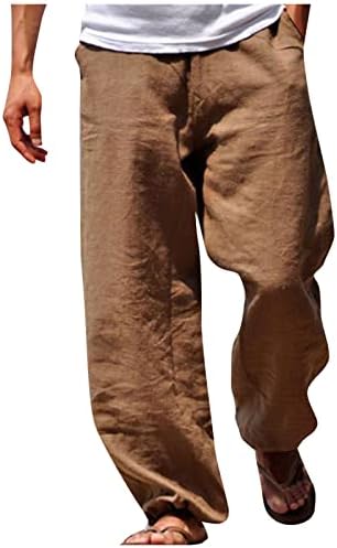 Calças casuais masculinas, calças casuais de linho de algodão masculino Cantura elástica de praia reta de ioga solta com bolsos