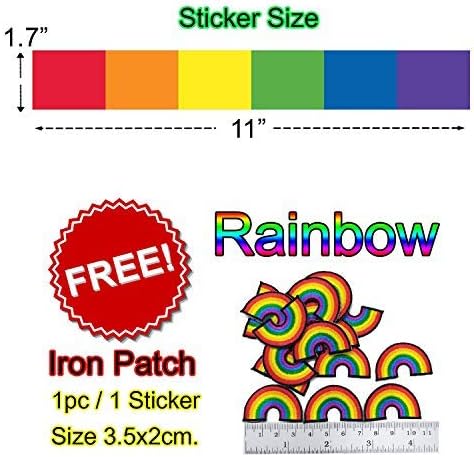Adesivo de bandeira do arco -íris do arco -íris LGBT e patch de ferro - listras verticais Cores vibrantes Design de arco -íris - decalque multisurface para armários de carros e itens pessoais com superfície lisa - 1,7 x 11 polegadas