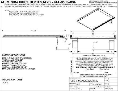 Vestil BTA-05006084 Dockboard de caminhão de alumínio, 5000 lb. Capacidade, 60 x 84, prata