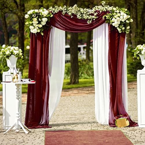 Tecido de arco de casamento tecido, 2 painéis de cortina de cenário de teto de tule bordô para festa de cenário de cerimônia