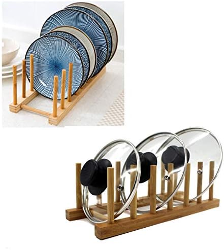 Tsyware 4 embalagem de bambu rack de madeira, suporte de tampa de panela de suporte de prato, organizador do armário de cozinha para xícara, tábua de corte, tigela, rack de secagem e gancho de livro