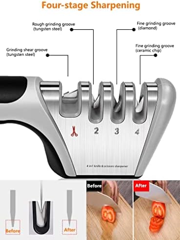 Esdeitt 4-in-1 Knife Sharpner, com um par de luvas resistentes a corte, lâminas polonesas premium originais, faca de cozinha Sharpner