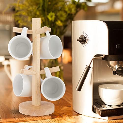 Novos ganchos de caneca de madeira Popu, portador de caneca com 6 ganchos, cabine de xícaras de café Stand para bancada de cozinha de café