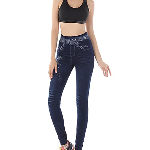 Leggings impressos de jeans falsos femininos de tamanho alto jeans de calças de cintura alta Jean Yoga