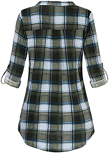Tops casuais de negócios femininos da Zefotim, clássico pulôver de botão xadrez clássico tops casuais blusas de túnica de decote em V Casual