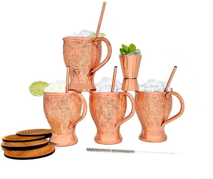 Moscow Mule Copper Canecas - Conjunto de 4 - 16 oz 2 Cocktail Copper Straudes, Jigger e 1 Shot Glass Melhor Presente para Mãe, Pai e Anciãos por Traders ARSH