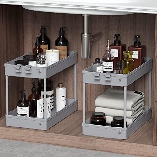 Spacekeeper Under Sink Organizer, 2 Nível sob o organizador de armazenamento da pia, cestas de coleta de banheiro, cestas de coleta com ganchos, prateleira de armazenamento multiuso, branco, 2 pacote