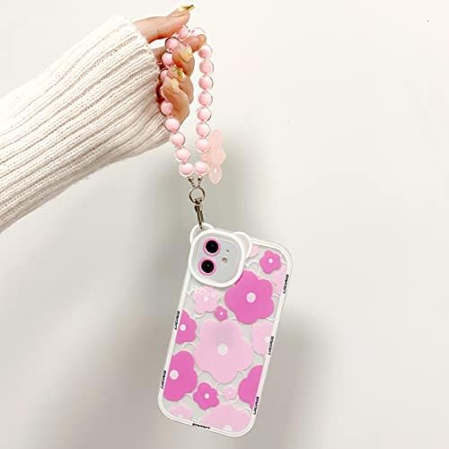 Nititop Compatível para iPhone 11 Caso Lente de câmera de urso floral limpo com encantadora corrente de pulseira de flores