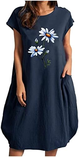 Vestidos de linho de algodão de verão feminino lmdudan, feminino moda moda impressão floral casual manga curta o pescoço vestido de bolso fluido solto