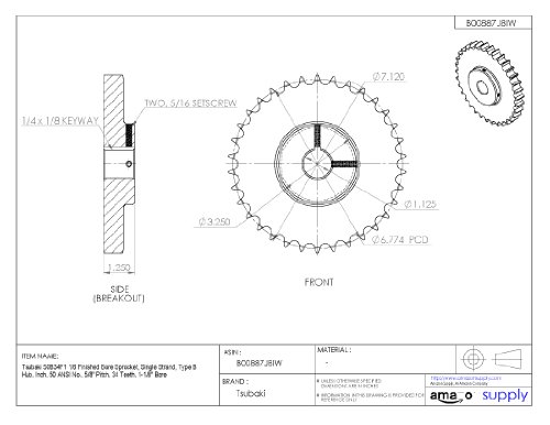 Tsubaki 50b34f-1b acabou com roda dentada, fita única, polegada, 50 ANSI No., pitch de 5/8 , 34 dentes, 1-1/8 furo