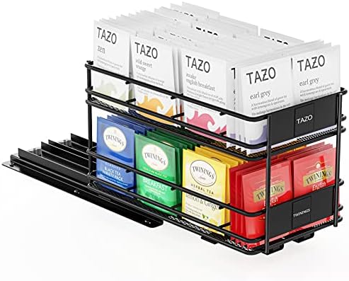 Rack de organizador de saquinhos de chá para armário, deslize para armários para slides para armários de cozinha para fora de serviço pesado, com 70 rótulos e marcador de giz, 5,6 W x10.6 d x 6,6 H, 1 gaveta de 2 camadas, preto