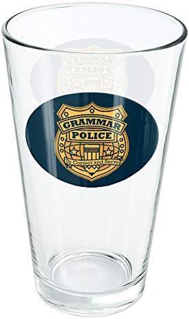 Distintivo da polícia de gramática engraçado de 16 oz de vidro, vidro temperado, design impresso e um presente de fã perfeito | Ótimo para bebidas frias, refrigerante, água