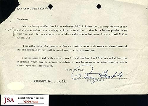 Betty Grable JSA CoA assinou 1955 do 20th Century Fox Contrato Autograf