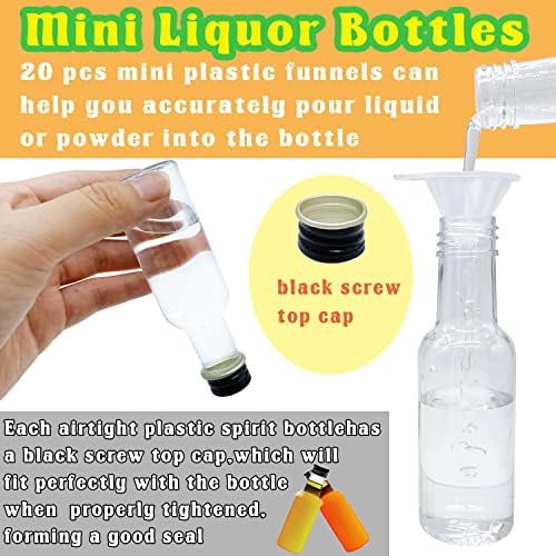 Mini garrafas de bebidas alcoólicas, 50 garrafas espíricas vazias com tampa preta, garrafas de 1oz/30 ml de álcool